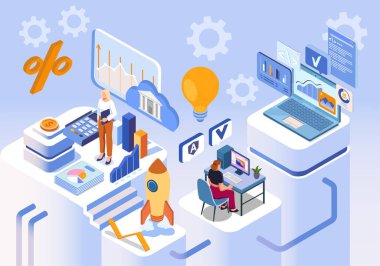 Teknoloji şirketi izometrik. Görevdeki erkekler ve kadınlar başlangıç ve ortak proje üzerinde çalışıyorlar. Modern teknolojiler ve yenilikler. Mühendisler ve programcılar. Volumetrik vektör illüstrasyonu