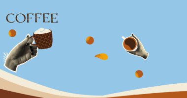 Modaya uygun yarım ton kahve kolajı. Ellerinde kapuçino, americano ya da sıcak kakao bardağı tutan gerçekçi dokulu afişler. Kahve zamanı. Düz grafik çizgi film