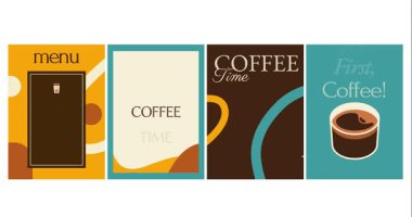 Kahve Posteri seti. İçinde kapuçino, sıcak espresso, kahve çekirdekleri ve kahve fincanları olan el ilanları. Kafe ya da kahve dükkanı için sosyal medya tasarımı. Düz grafik çizgi film