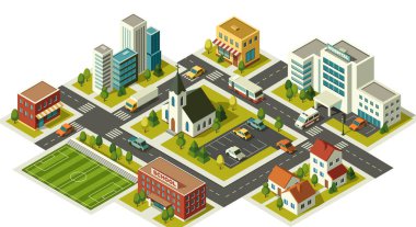 Isometric map of small town. Top view of city landscape with hospital, school, church, business center, shops and residential buildings. Cartoon 3D vector illustration isolated on background