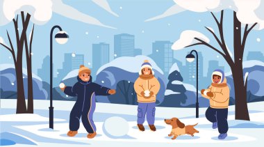 Kış günün kutlu olsun. Sıcak kıyafetler içinde, kartopu oynayıp şehir parkında kardan adam yapan sevimli güler yüzlü arkadaşlar. Çocuklar karlı ormanda birlikte vakit geçirirler. Çizgi film Düz Vektör Çizimi