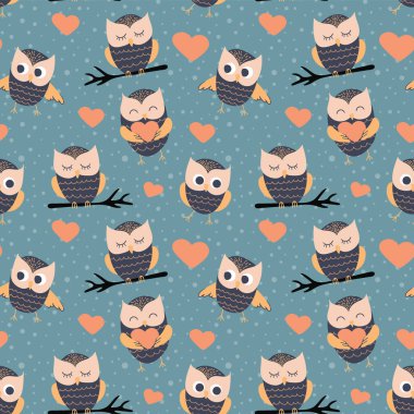 Sevimli çizgi film baykuşlarıyla kusursuz desen.