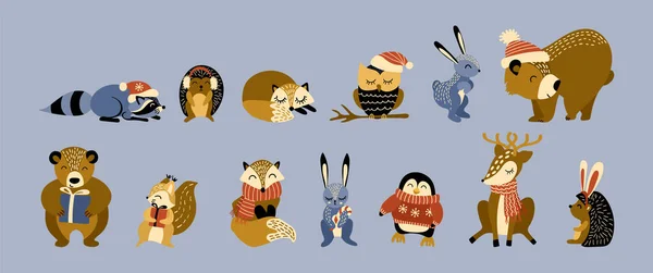 Ensemble de Noël de dessins animés mignons animaux des bois — Image vectorielle