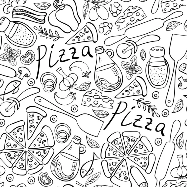 Pizza garabatos patrón sin costuras. — Vector de stock