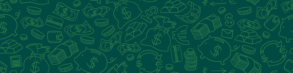Seamless horizontal border with money doodles