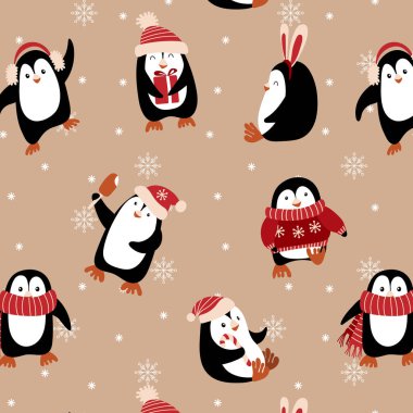 Sevimli pengiunlarıyla kusursuz bir Noel deseni