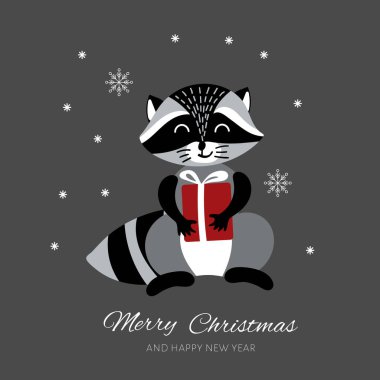 Noel tebrik kartı ve tatlı bir rakun.