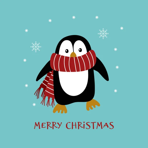 Χαριτωμένο πιγκουίνος κινουμένων σχεδίων σε ζεστό κασκόλ με νιφάδες χιονιού — Διανυσματικό Αρχείο