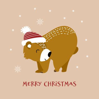 Şapkalı şirin ayıyla Noel tebrik kartı.