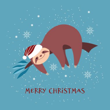 Noel kartında Noel Baba şapkalı şirin tembel hayvan var..