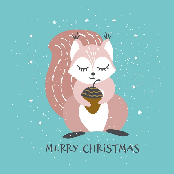 Christmas greeting card with cute sqirrel. — Stock Vector