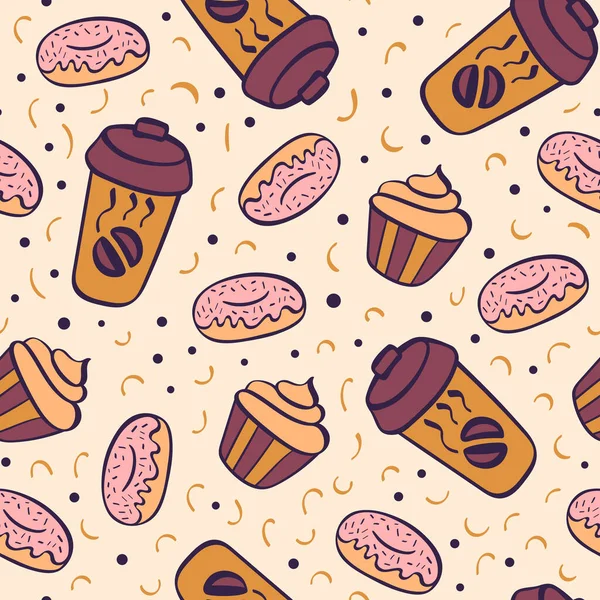 Pattern with doodle donuts, cupcakes and coffee