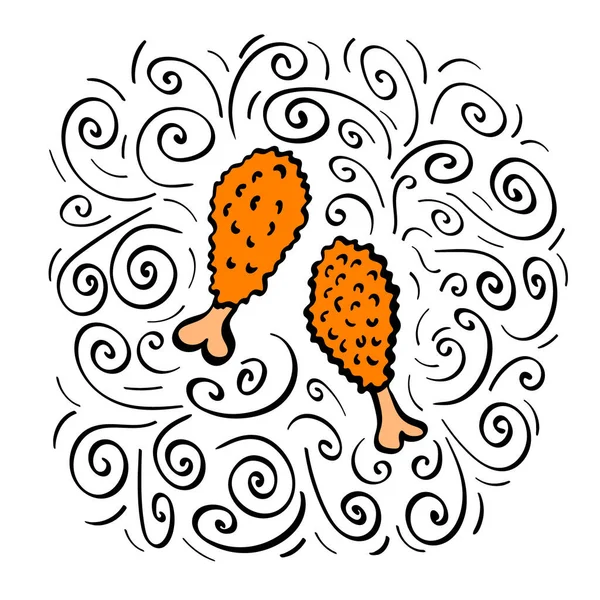 Ručně kreslené smažené kuře s dekorací — Stockový vektor