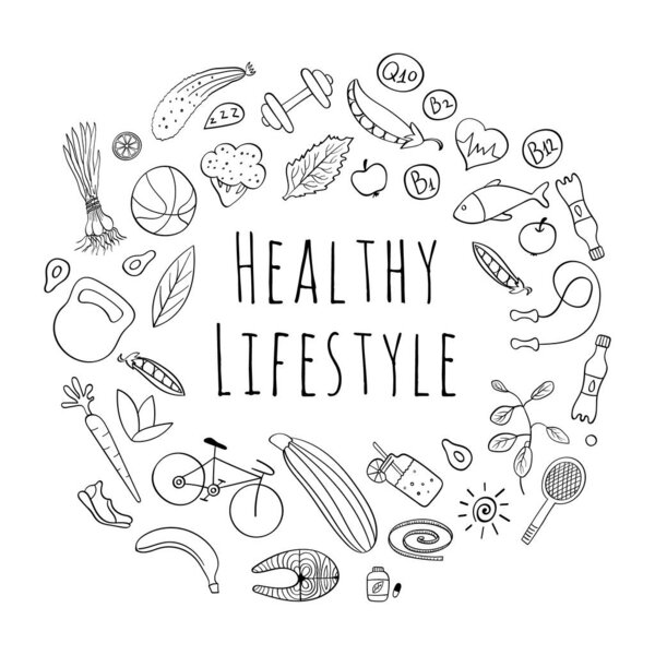 Healthy lifestyle hand drawn icons collection