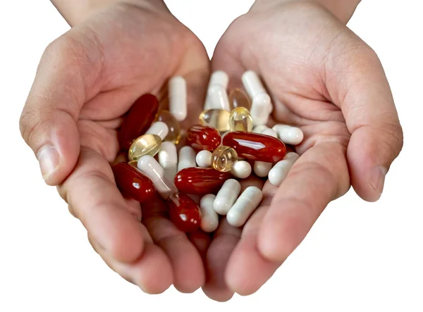 Beaucoup Pilules Vitamines Dans Les Mains Médecin Isoler Sur Fond — Photo