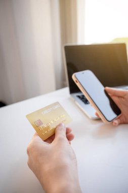 Genç Asyalı tüketici kadın elinde kredi kartıyla akıllı telefon ve dizüstü bilgisayarla indirimli ürünlere göre online alışveriş yapmaya hazır..