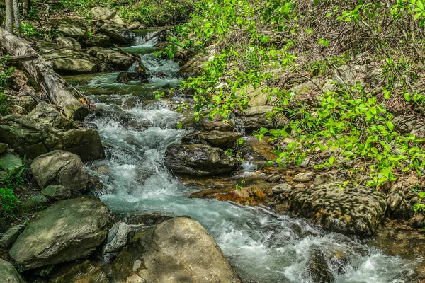 Córrego Que Flui Para Baixo Montanha Salpicando Sobre Rochas Pedras — Fotografia de Stock