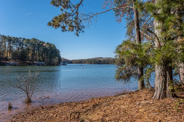 Egy Férfi Áll Egy Csónakban Halászat Lake Lanier Georgia Távolban — Stock Fotó