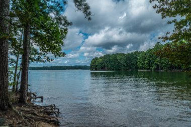 Gürcistan, Lanier Gölü 'nün kıyı şeridi manzarası. Ağaçlarla birlikte ağaçlar ve kayık rampası uzak mesafedeki ormanlık alanlarda ve dağlarda güneşli bir yaz gününde uzanıyor.