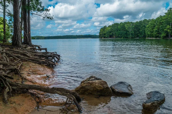 Der Wasserstand See Ist Sommer Niedrig Einem Strahlend Sonnigen Tag — Stockfoto
