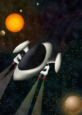 Uzay gemisi, yıldızlar ve gezegenler, suluboya resim