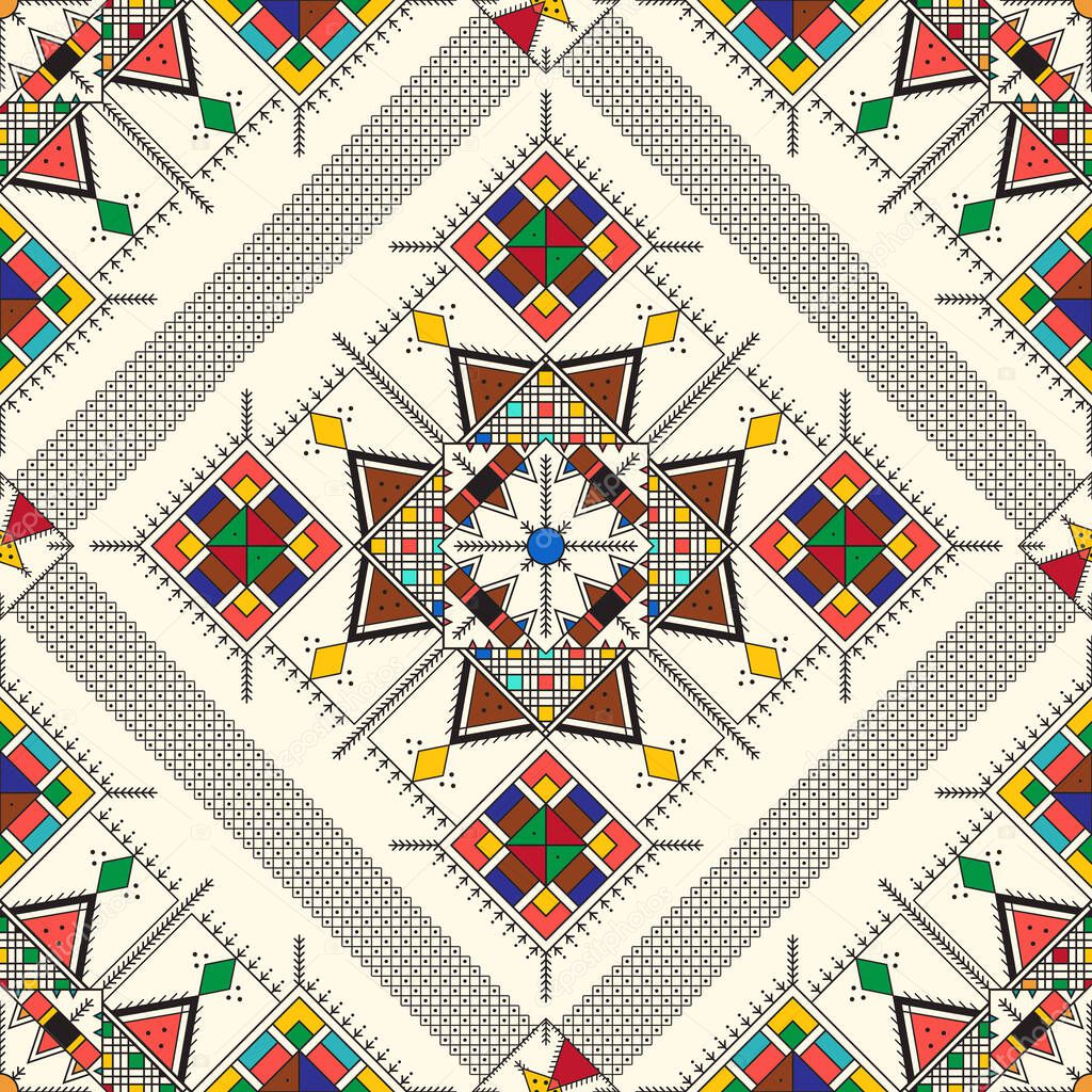 Decorative geometric repeating pattern inspired by Al-Qatt Al-Asiri traditional paintings