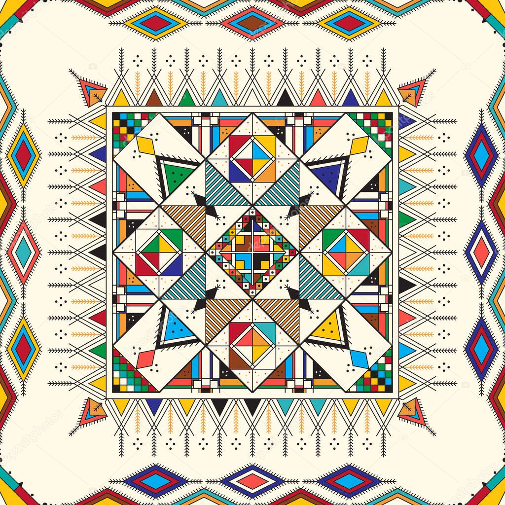 Decorative geometric repeating pattern inspired by Al-Qatt Al-Asiri traditional paintings