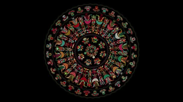 装饰旋转图标与传统的匈牙利刺绣符号 黑色背景上的无缝圈 — 图库视频影像