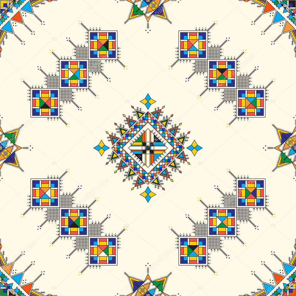 Decorative geometric repeating pattern inspired by Al-Qatt Al-Asiri traditional paintings