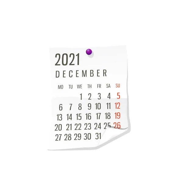 2021 Календарь Белой Бумаге Декабрь Редактируемый Вектор Белом Фоне — стоковый вектор