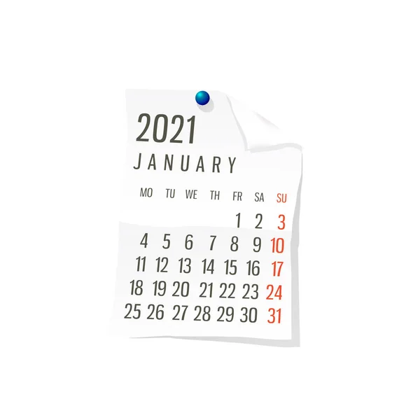 2021 Beyaz Kağıt Takvimi Ocak Beyaz Arkaplan Üzerinde Düzenlenebilir Vektör — Stok Vektör