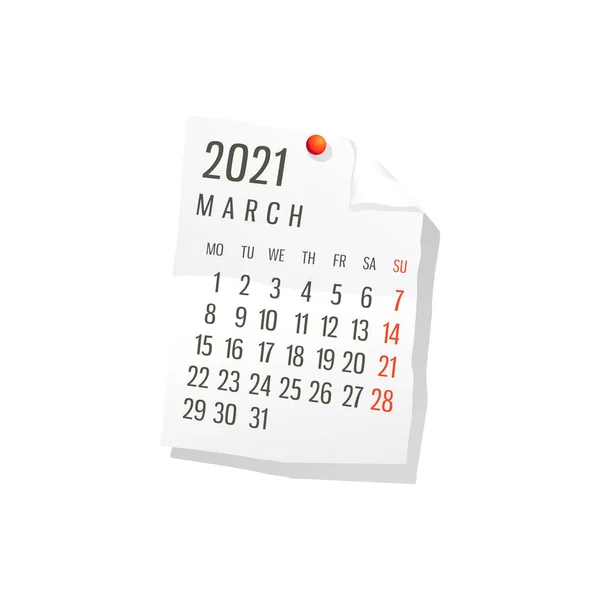 2021 Kalender Witboek Maart Bewerkbare Vector Witte Achtergrond — Stockvector