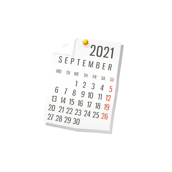 2021 Calendario Papel Blanco Septiembre Vector Editable Sobre Fondo Blanco — Vector de stock