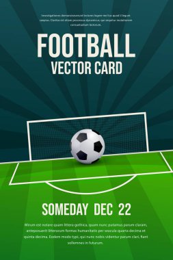  Futbol, futbol broşürü, poster tasarımı, spor davetiyesi vektör düzenlenebilir şablonu. Futbol sahası ve arka planlı top.