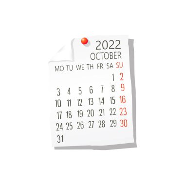 2022 Beyaz Kağıt Takvimi, Ekim. Beyaz arkaplan üzerinde düzenlenebilir vektör