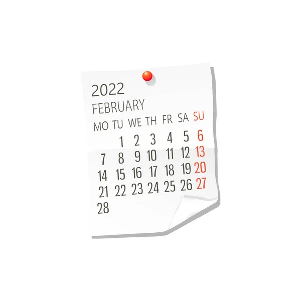 2022 Beyaz Kağıt Takvimi Şubat Beyaz Arkaplan Üzerinde Düzenlenebilir Vektör — Stok Vektör