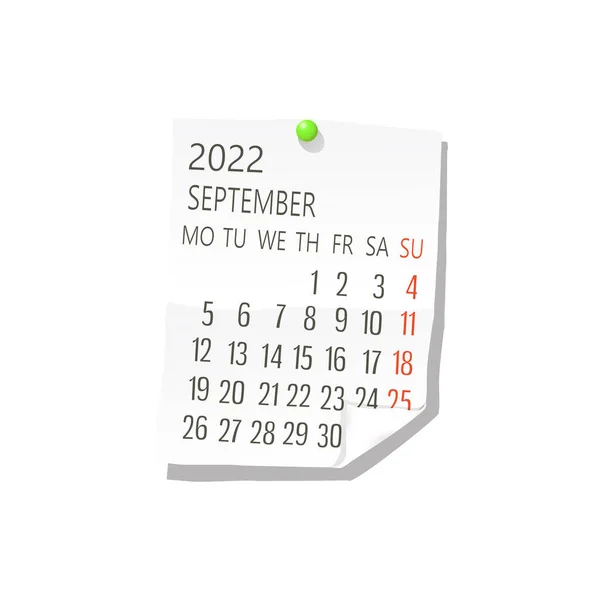 2022 Calendrier Sur Papier Blanc Septembre Vecteur Modifiable Sur Fond — Image vectorielle