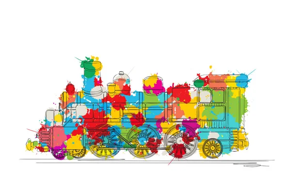 Esbozo Locomotora Vapor Sobre Manchas Colores — Vector de stock