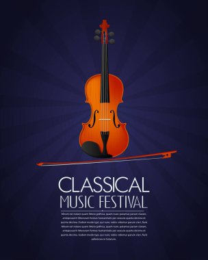 Concept for classical music festival flyer, poster with violin and bow. Editable vector composition with copy space. clipart