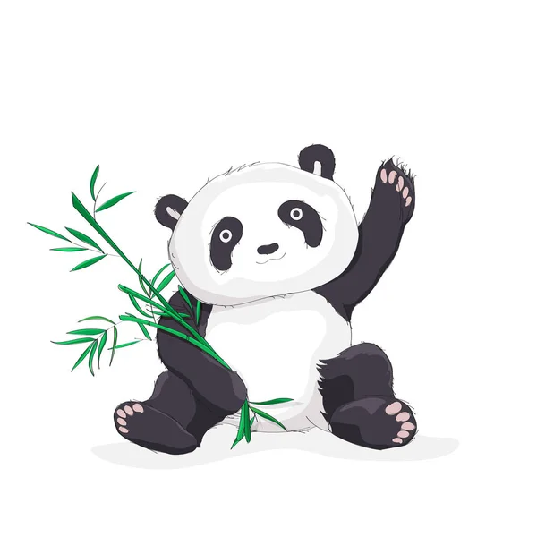 Croquis Vectoriel Illustrant Ours Panda Agitant Bonjour Tenant Des Feuilles — Image vectorielle
