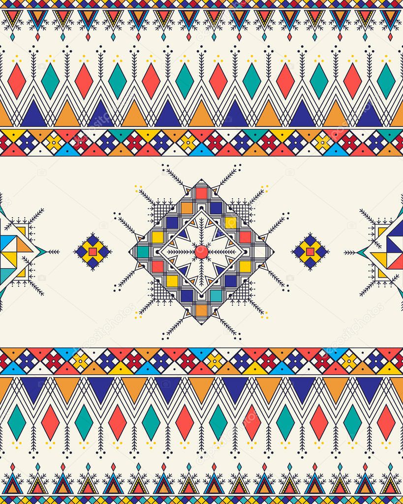 Decorative geometric repeating pattern inspired by Al-Qatt Al-Asiri traditional paintings