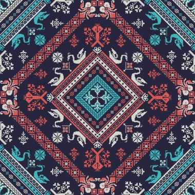 Geleneksel Rus nakışından esinlenilmiş dekoratif yineleme deseni