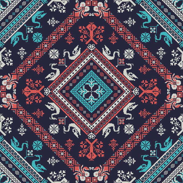 Декоративный повторяющийся узор, вдохновленный традиционной русской вышивкой