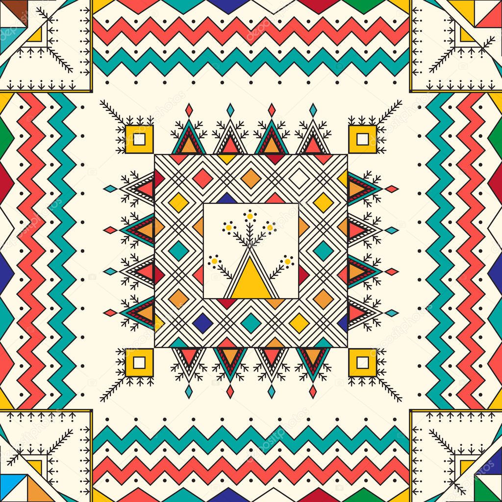 Decorative geometric repeating pattern inspired by Al-Qatt Al-Asiri traditional paintings