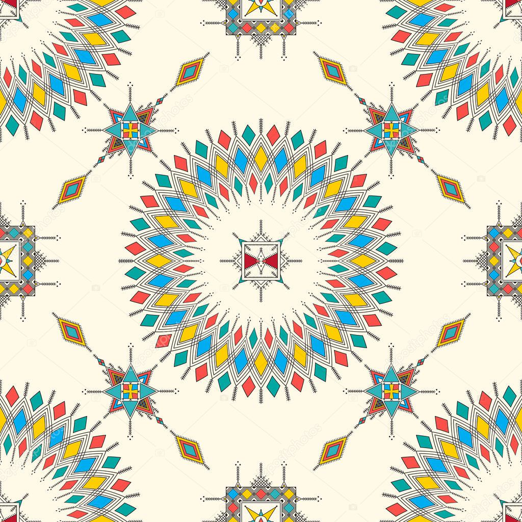 Decorative geometric repeating pattern inspired by Al-Qatt Al-Asiri traditional paintings