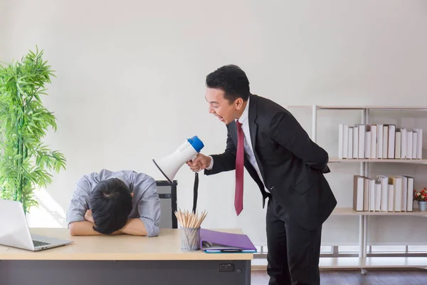 Asian Male Supervisor Uses Megaphone Shout His Sleeping Subordinates Office — Stock Photo, Image