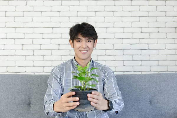 Homem Asiático Novo Prende Potenciômetro Planta Está Sorrindo Brilhantemente — Fotografia de Stock