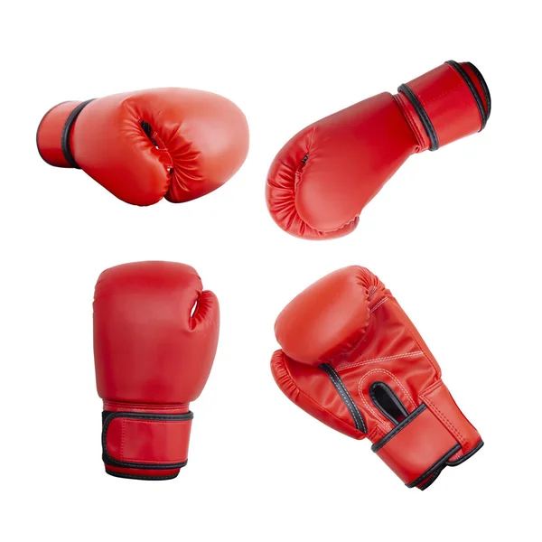 Conjunto Guantes Boxeo Rojos Desde Diferentes Ángulos Sobre Fondo Blanco — Foto de Stock