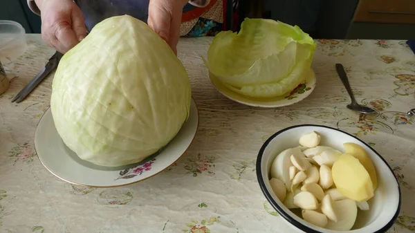 Cook Makes Cabbage Rolls White Cabbage Meat — Stock Photo, Image