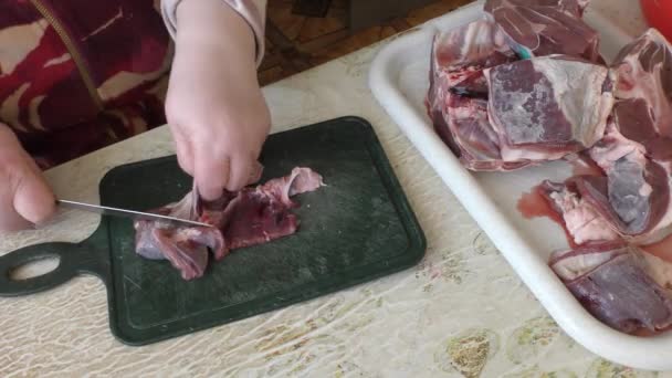 Kucharz Kroi Mięso Jelenia Nożem Zdrowa Koncepcja Żywności — Wideo stockowe